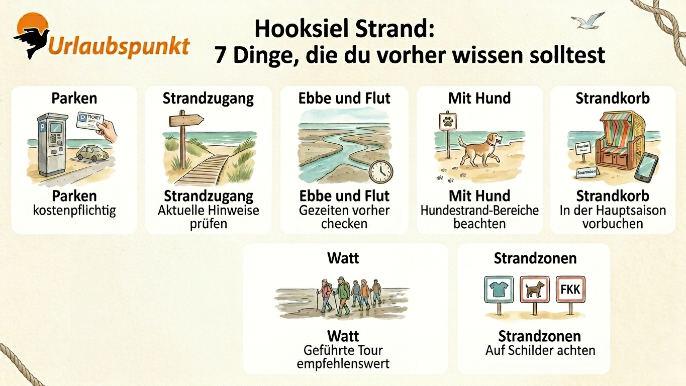 Übersichtsgrafik mit sieben praktischen Hinweisen für den Strandbesuch in Hooksiel: kostenpflichtiges Parken, aktuelle Hinweise zum Strandzugang prüfen, Gezeiten vor dem Besuch checken, Hundestrand-Bereiche beachten, Strandkorb in der Hauptsaison vorbuchen, Wattwanderung mit geführter Tour, und auf die Schilder der verschiedenen Strandzonen achten