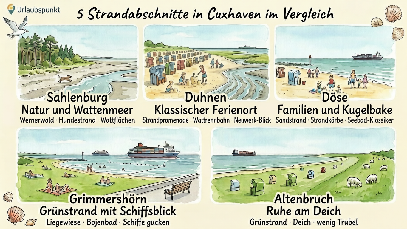 Vergleichsgrafik der fünf Strandabschnitte in Cuxhaven: Sahlenburg mit Wernerwald und Wattenmeer, Duhnen als klassischer Ferienort mit Strandpromenade und Blick zur Insel Neuwerk, Döse mit Familien und Strandkörben in der Nähe der Kugelbake, Grimmershörn als Grünstrand mit Bojenbad und Containerschiffen, sowie Altenbruch als ruhiger Deich-Grünstrand mit Schafen