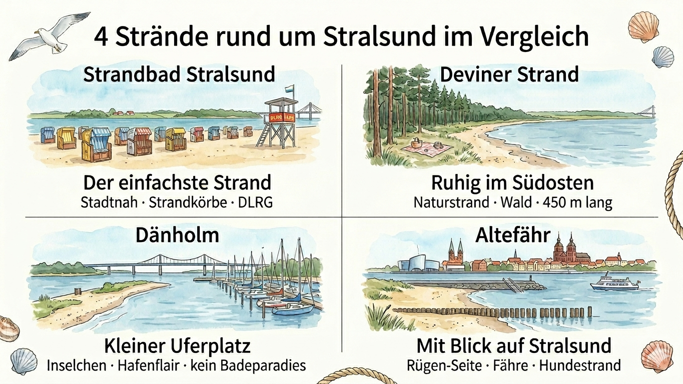 Vergleichsgrafik der vier Badeplätze rund um Stralsund: Strandbad Stralsund mit Strandkörben und DLRG-Turm, Deviner Strand am Waldrand, kleiner Uferplatz auf Dänholm mit Yachthafen, und Strand Altefähr mit Blick auf die Stralsunder Altstadt