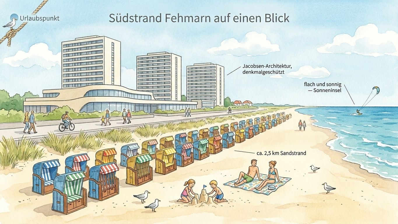 Aquarell-Illustration des Südstrands von Fehmarn bei Burgtiefe: breiter Sandstrand mit langer Reihe bunter Strandkörbe, Familien am Strand, Promenade mit Spaziergängern, im Hintergrund die drei denkmalgeschützten IFA-Hochhäuser des Architekten Arne Jacobsen mit dem geschwungenen FehMare davor, rechts ein Kitesurfer auf der Ostsee