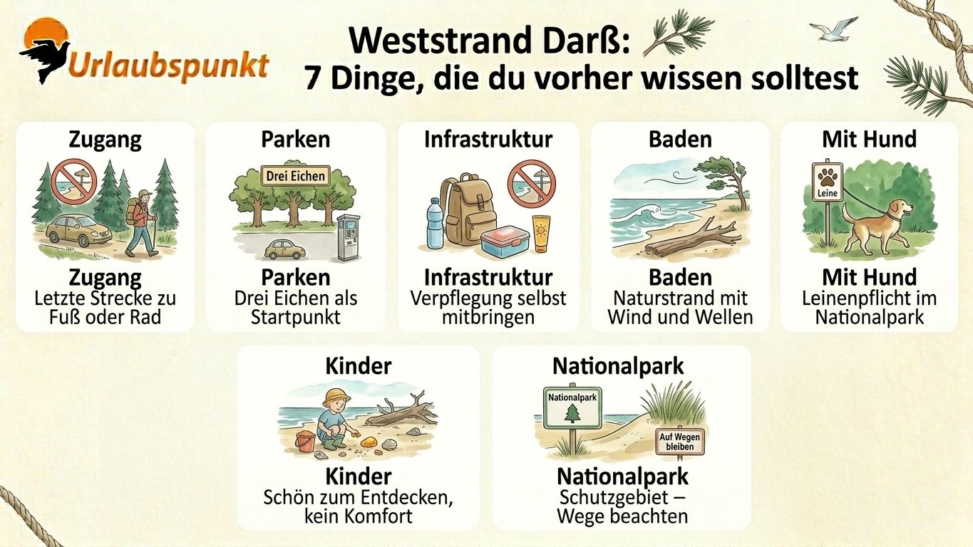 Übersichtsgrafik mit sieben praktischen Hinweisen für den Besuch des Weststrands auf dem Darß: Zugang nur zu Fuß oder mit dem Rad, Drei Eichen als Parkplatz, keine Infrastruktur am Strand, Naturstrand mit Wind und Wellen, Leinenpflicht für Hunde, Kinder können entdecken und Bernstein sammeln, Schutzgebiet im Nationalpark Vorpommersche Boddenlandschaft