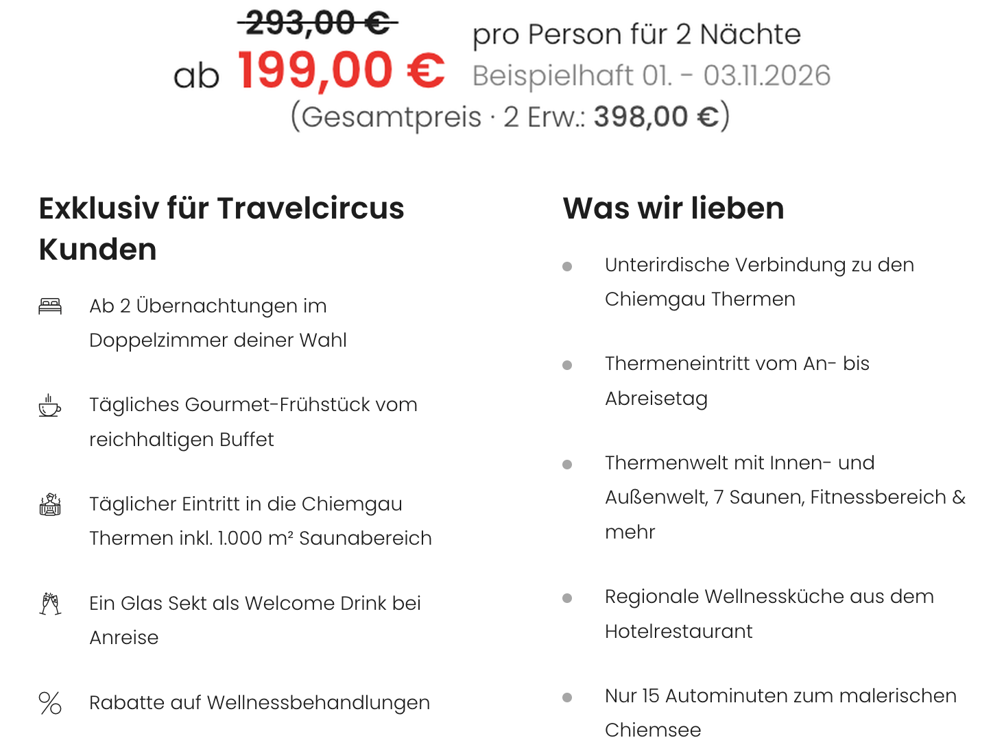 Chiemgau Therme – Preis und enthaltene Leistungen Travelcircus-Angebot für zwei Nächte im Ströbinger Hof ab 199 Euro pro Person mit Frühstück, Thermen- und Saunazugang sowie Welcome Drink