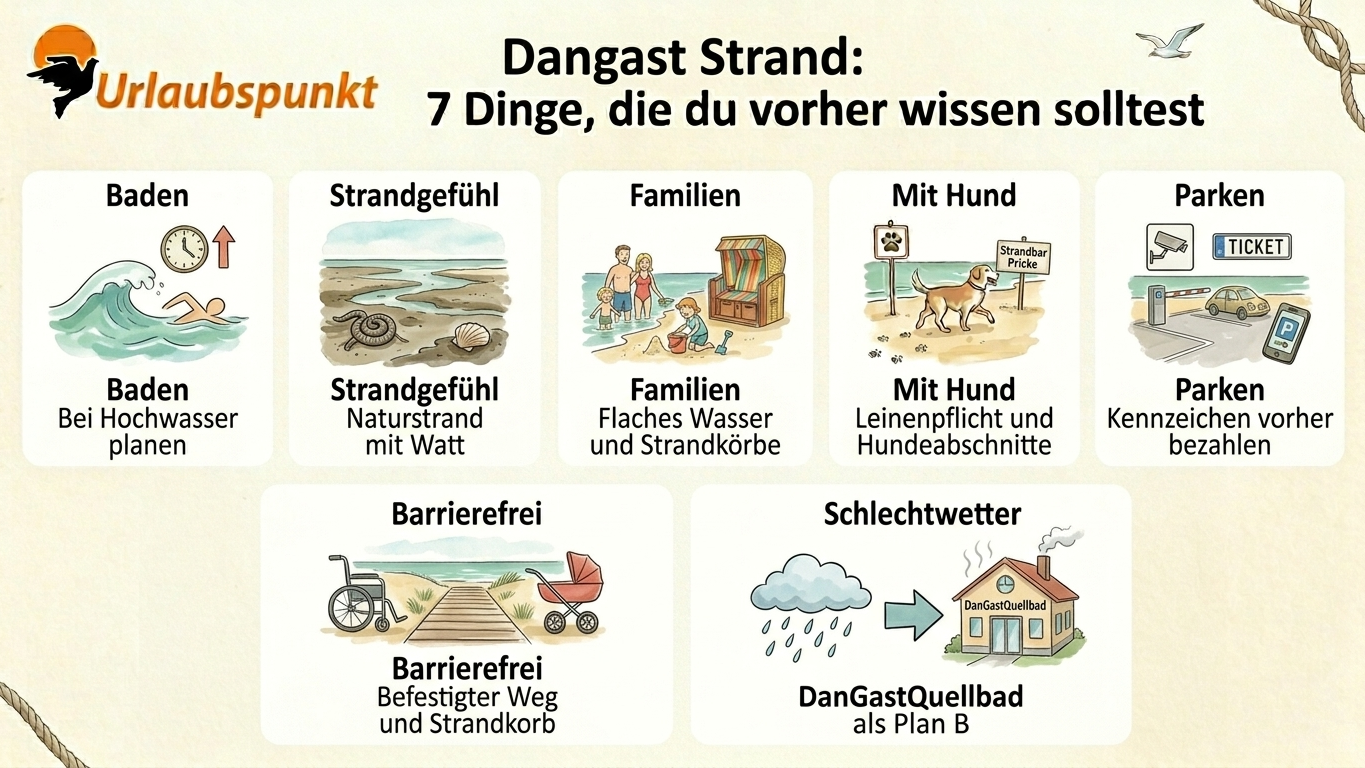 Übersichtsgrafik mit sieben praktischen Hinweisen für den Strandbesuch in Dangast: Baden bei Hochwasser, Naturstrand mit Watt und Schlick, familienfreundliches flaches Wasser mit Strandkörben, Hundebereich nahe der Strandbar Pricke mit Leinenpflicht, schrankenloses Parken mit Kennzeichenerfassung, barrierefreier Strandzugang, und das DanGastQuellbad als Schlechtwetter-Alternative