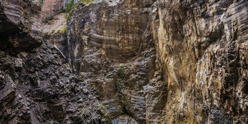 Ein zerklüfteter Canyon, ähnlich der Breitachklamm in Bayern, zeichnet sich durch steile, felsige Klippen und einen fließenden Fluss an seinem Fuß aus. Die Canyonwände weisen Schichten von Grau- und Brauntönen auf, während sich vor dem Hintergrund eines bewölkten Himmels vereinzelt Bäume an der Spitze festklammern.
