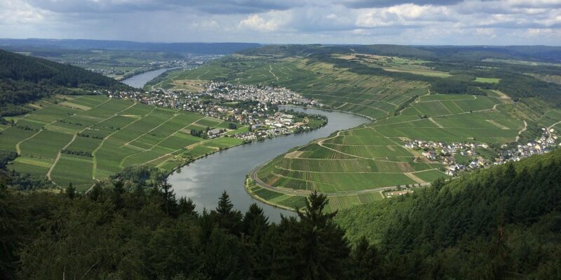 Panoramablick von oben auf eine Moselschleife mit Weinbergen, einem Winzerdorf am Flussufer und bewaldeten Hängen.