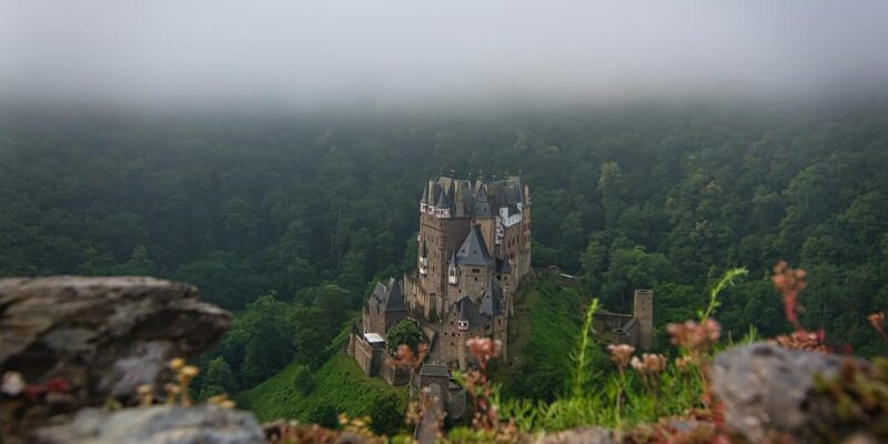 Die mittelalterliche Burg Eltz liegt auf einem üppigen, grünen Hügel und ist von dichtem Wald umgeben. Teilweise in tiefen Nebel gehüllt, strahlt sie eine mystische Atmosphäre aus. Im Vordergrund trägt felsiger Boden mit kleinen Pflanzen zur bezaubernden Szenerie bei.
