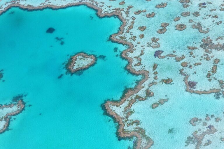 Great Barrier Reef: Luftaufnahme des weltweit größten Korallenriffs mit türkisfarbenem Wasser und vielfältigen Korallenformationen.