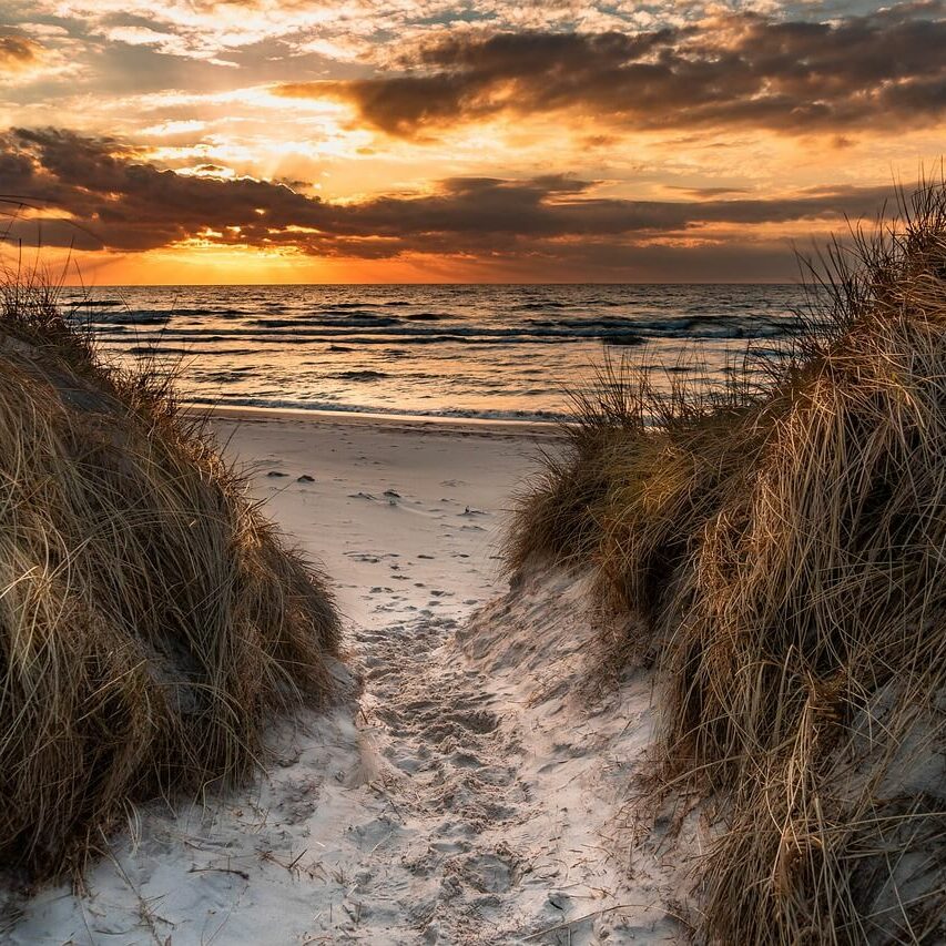 Ein schmaler Sandweg schlängelt sich durch grasbewachsene Dünen zu einem Strand im Sonnenuntergang, der an die ruhigen Strände in Mecklenburg-Vorpommern erinnert. Die Sonne geht über dem Meer unter und wirft warme orangefarbene und goldene Farbtöne in den Himmel und auf die Wolken, während die Wellen sanft das Ufer berühren.