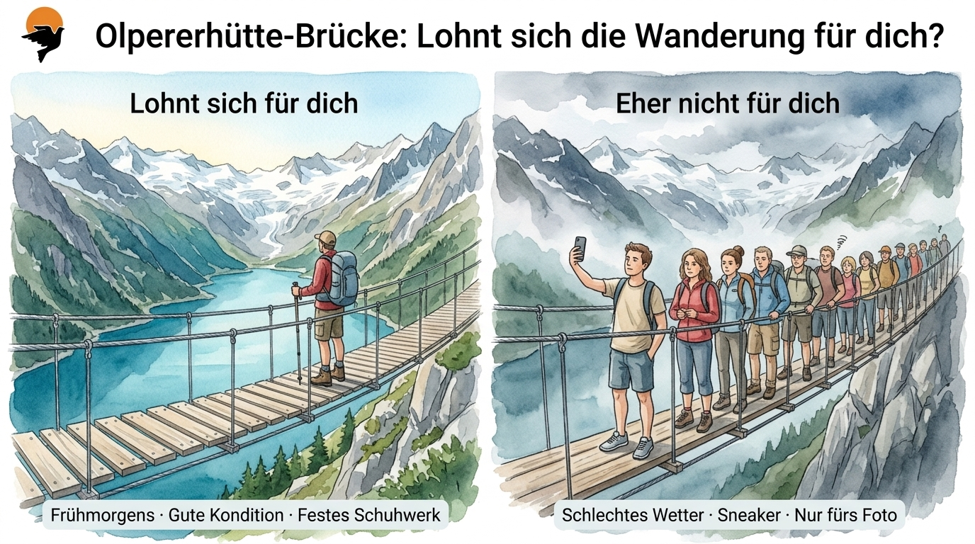 Vergleichs-Illustration zur Wanderung an die Olpererhütte- Brücke in den Zillertaler Alpen: links ein Wanderer mit fester Bergausrüstung in der Morgensonne mit Blick auf den türkisblauen Schlegeisspeicher und schneebedeckte Gletscher, rechts eine Touristenschlange auf der Brücke mit Smartphone-Selfie und Sneakers bei nebligem, schlechtem Wetter