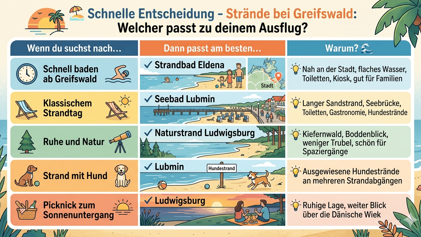 Strände bei Greifswald im Vergleich: Strandbad Eldena, Seebad Lubmin und Naturstrand Ludwigsburg auf einen Blick