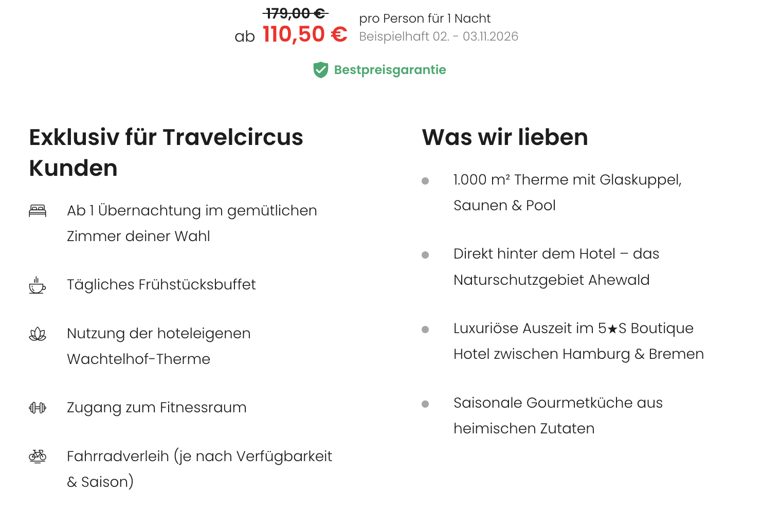 wachtelhof-therme-travelcircus-angebot-ab-110-50-euro Travelcircus Angebot ab 110,50 € pro Person und Nacht mit Frühstück, Nutzung der Wachtelhof-Therme, Fitnessraum und Fahrradverleih sowie Highlights des 5★S Boutique Hotels zwischen Hamburg und Bremen.