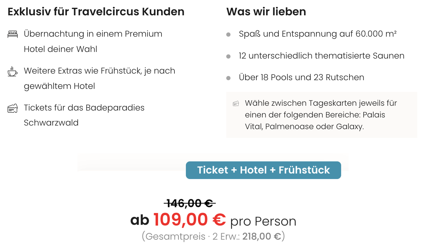 Badeparadies Schwarzwald mit Hotel ab 109 Euro Übersicht zum Travelcircus-Paket für das Badeparadies Schwarzwald mit Premium-Hotel, Eintritt und hotelabhängigen Extras ab 109 Euro pro Person.