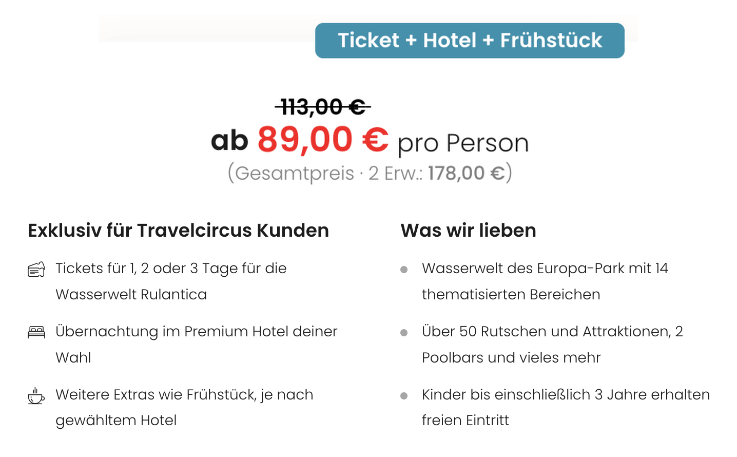 Travelcircus-Angebot mit Rulantica-Ticket, Premium-Hotel und hotelabhängigen Extras ab 89 Euro pro Person