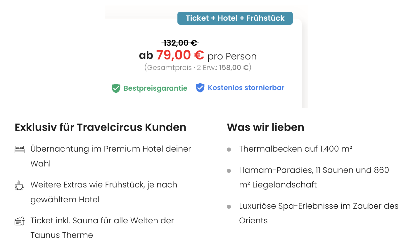 Preisübersicht des Angebots ab 79 € pro Person mit Hotel, Thermeneintritt und Sauna