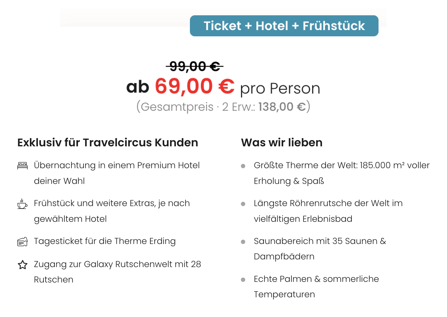 Travelcircus-Angebot für die Therme Erding mit Premium-Hotel, Tagesticket und hotelabhängigen Extras ab 69 Euro pro Person