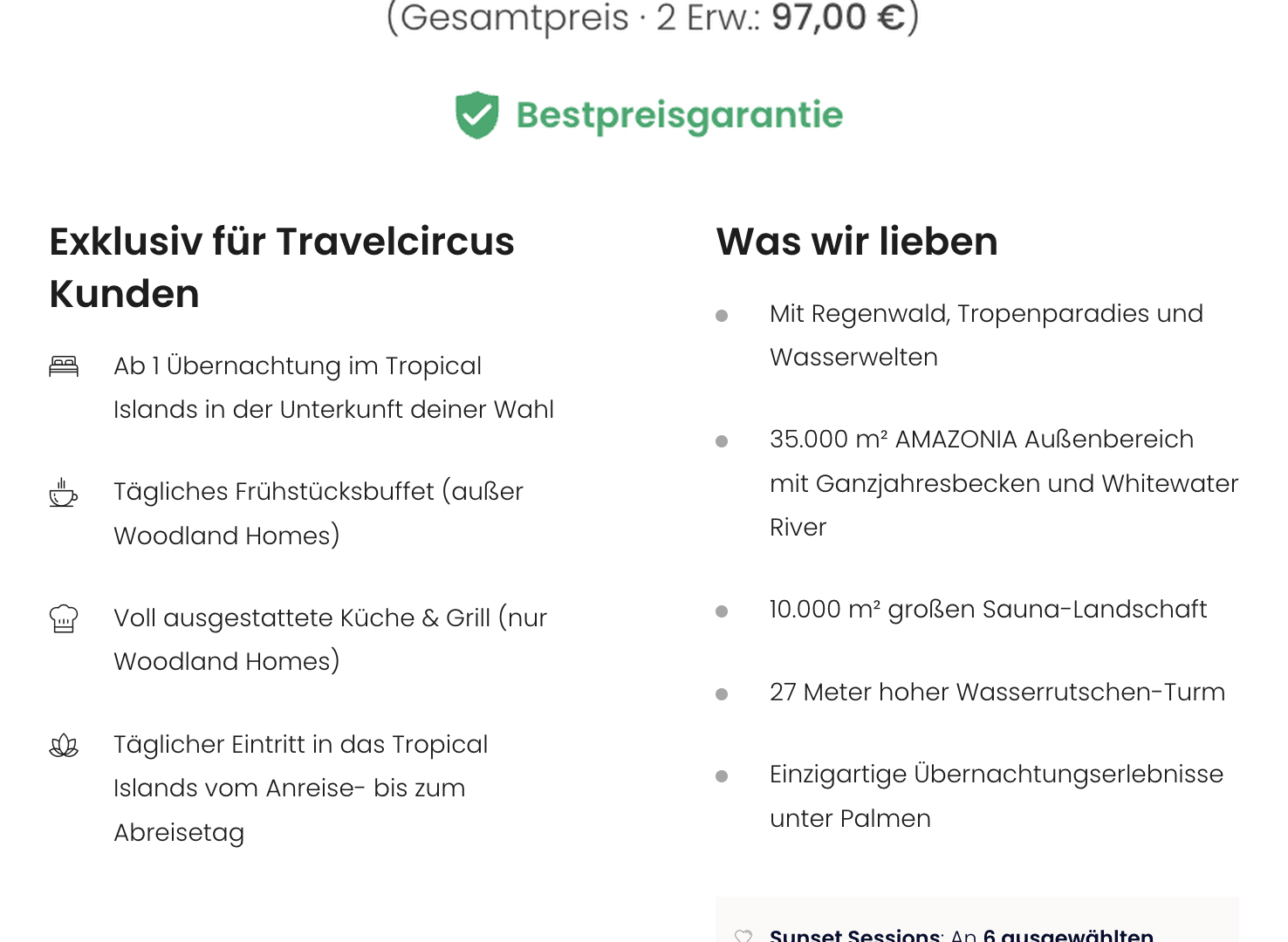 Tropical Islands – Preis und enthaltene Leistungen Travelcircus-Angebot für eine Nacht im Tropical Islands ab 48,50 Euro pro Person mit Unterkunft, täglichem Eintritt und hotelabhängigem Frühstück