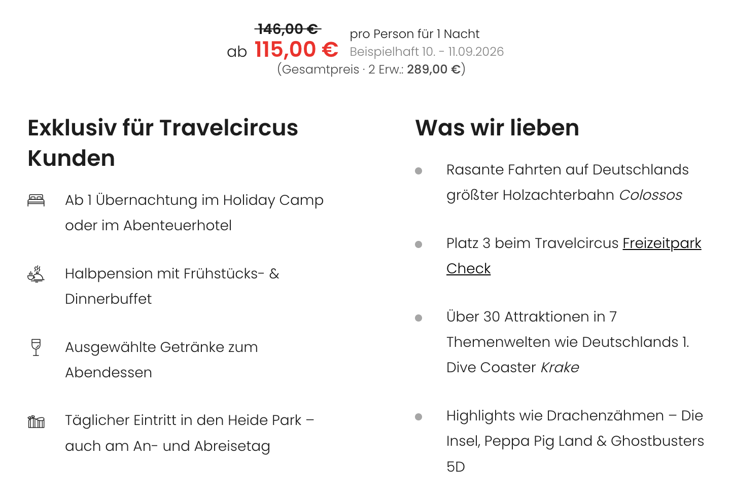 Preis- und Leistungsübersicht des Heide-Park-Angebots mit Übernachtung, Halbpension und täglichem Parkeintritt