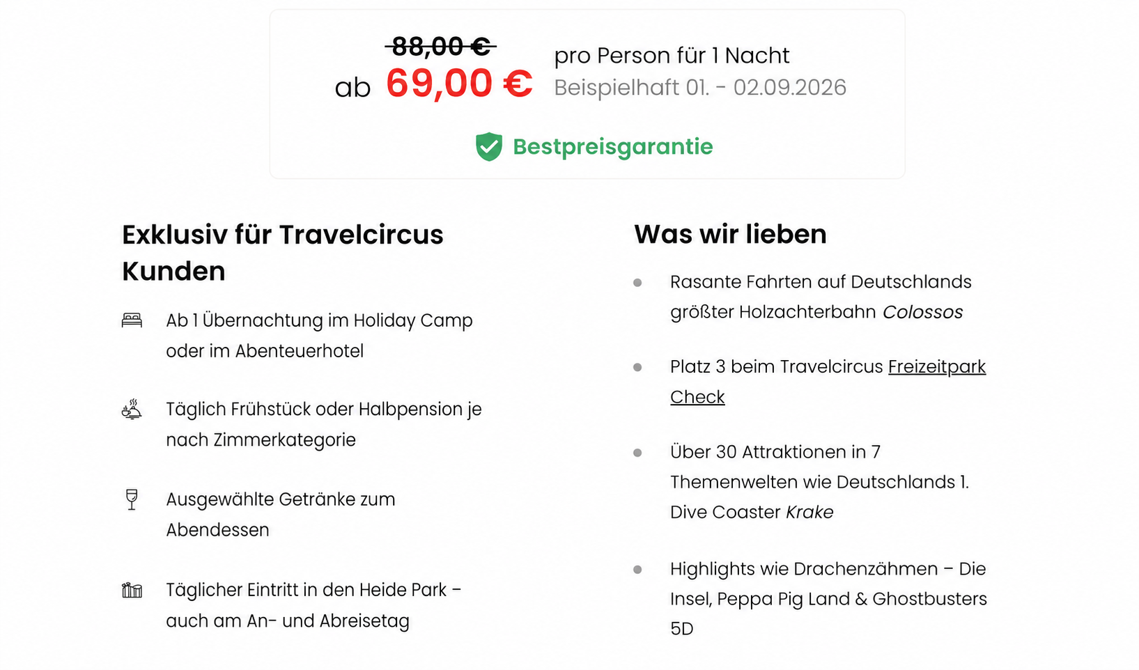 Heide Park Travelcircus Angebot ab 69 Euro pro Person mit Übernachtung, Verpflegung, Getränken und täglichem Parkeintritt.
