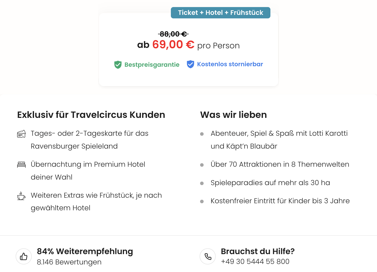 Travelcircus Angebot für das Ravensburger Spieleland: Ticket, Premium-Hotel und Frühstück ab 69 € pro Person mit Bestpreisgarantie und kostenloser Stornierung.
