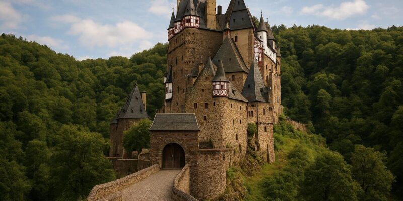 Märchenhafte Burg auf bewaldetem Hügel mit Türmen und Steinbrücke.
