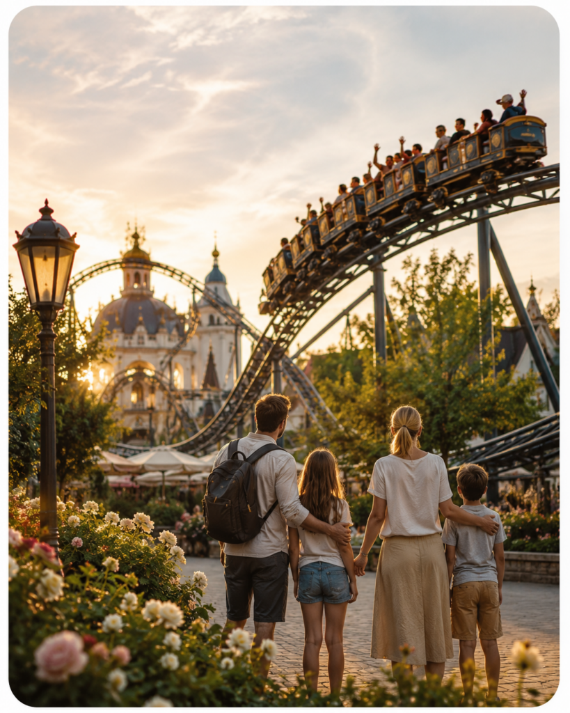 Familie blickt bei goldenem Abendlicht auf eine Achterbahn in einem Freizeitpark.