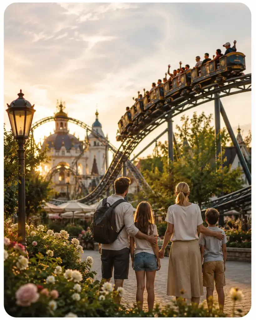 Familie blickt bei goldenem Abendlicht auf eine Achterbahn in einem Freizeitpark.