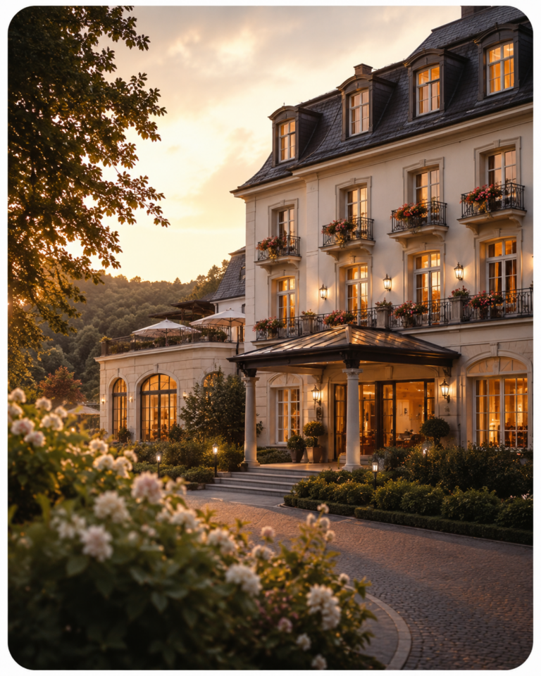 Elegantes Hotel mit beleuchteten Fenstern, begrüntem Eingangsbereich und Blumen im Abendlicht.